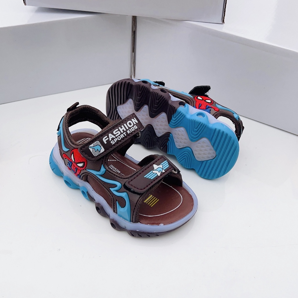 Sandal bé trai - dép quai hậu cho be đi học hình siêu nhên nhện có quai dán tùy chỉnh, đèn led, đi siêu êm Babybees F5