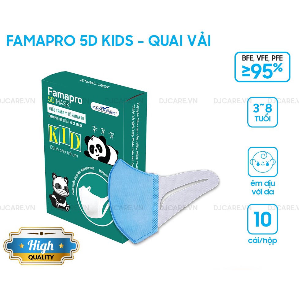 Hộp 10 cái Khẩu trang 3 lớp 5D BABY QUAI VẢI FAMAPRO cho trẻ 4-10 tuổi