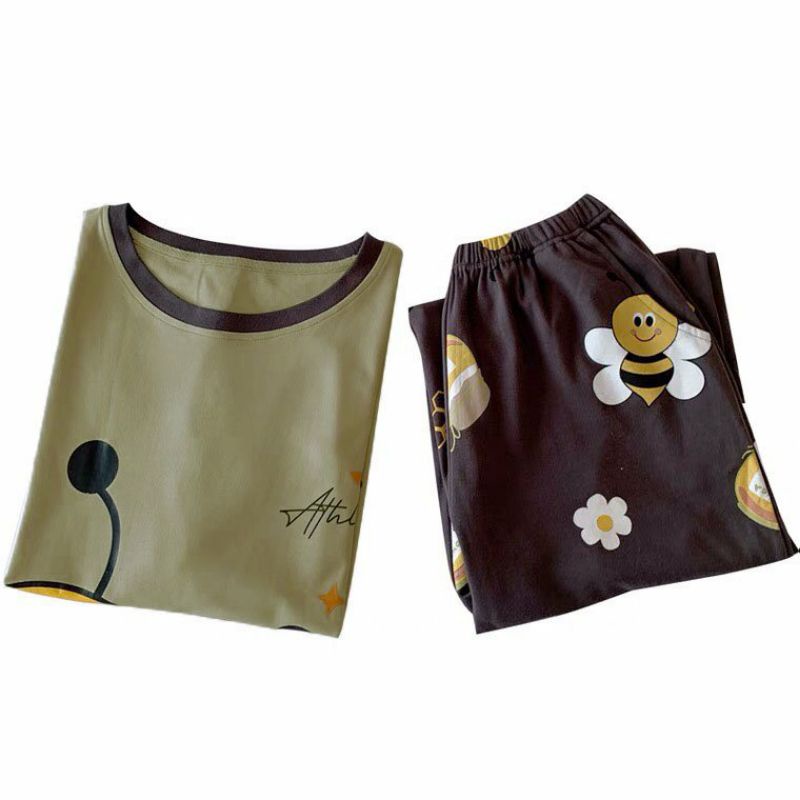[ SẴN]Đồ bộ thun quần dài, đồ mặc ở nhà Quảng Châu, họa tiết hoạt hình chú ong dễ thương