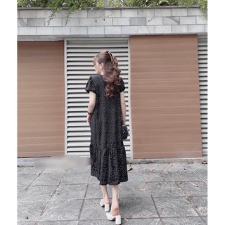 set váy đen chấm bi cổ tròn đuôi cá dáng maxi