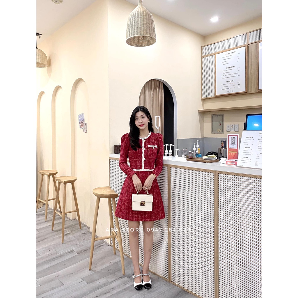Váy dạ đỏ Tweet cao cấp phối viền cách điệu Ara V06 | BigBuy360 - bigbuy360.vn