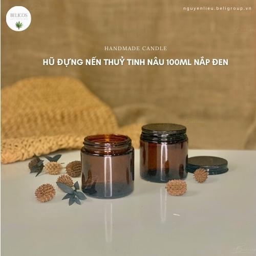 Hũ đựng nến thơm 100ml thuỷ tinh nâu nắp đen - Cốc đựng nến cao cấp