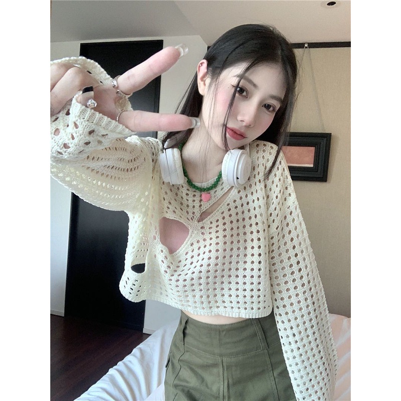 Áo Sweater Dệt Kim Tay Dài Thiết Kế Khoét Lỗ Dáng Ngắn Thời Trang Trẻ Trung