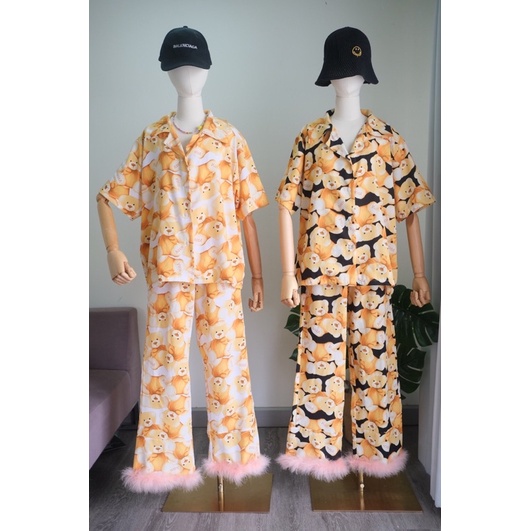 Patricia house AZ Bộ đồ ngủ họa tiết gấu với lông chồn ở viền quần