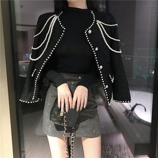 (SẴN) Áo dạ tweed đen viền cúc ngọc