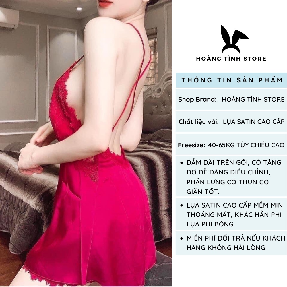 Đầm ngủ sexy gợi cảm 2 dây lụa satin cao cấp Hoàng Tình Store váy ngủ sexy chéo lưng phối ren quyến rũ Freesize