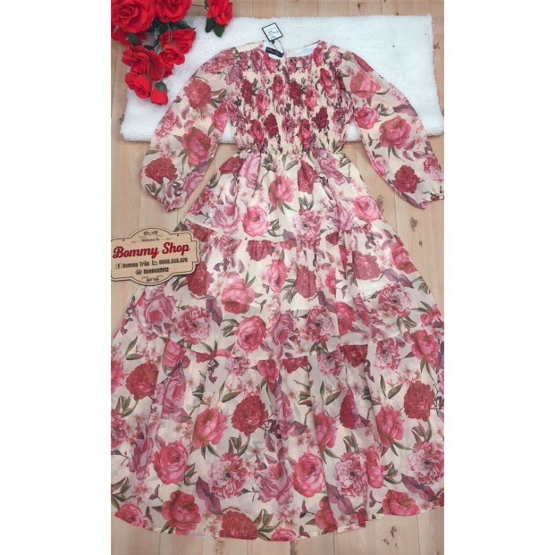 Đầm Maxi Hoa Xòe (SIZE S-M-L) tay dài bo phồng ngực nhúng HÀNG THIẾT KẾ | BigBuy360 - bigbuy360.vn