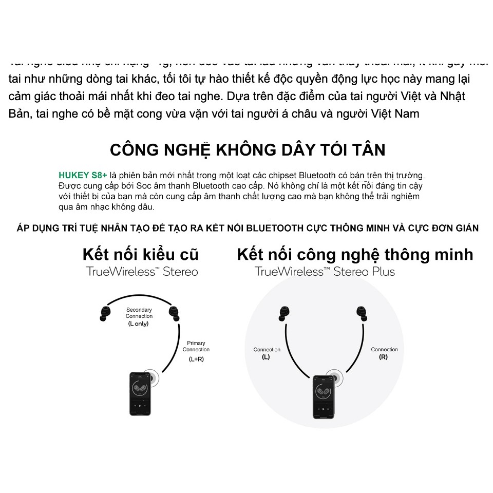 Tai nghe không dây TWS  Hukey S8 Plus, Âm Bass to, Treble Trong, Pin Trâu, Sạc Type-C