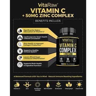 Vitamin C Complex VitaRaw - viên liposomal vitamin c,kẽm zinc, elderberry, D3