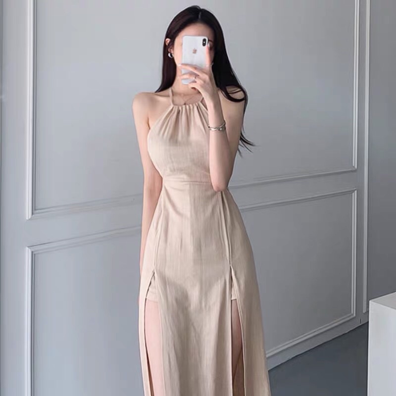 (Ảnh thật) Váy đầm maxi cổ yếm xẻ tà thắt nơ lưng tiểu thư vintage boho đi chơi đi biển du lịch