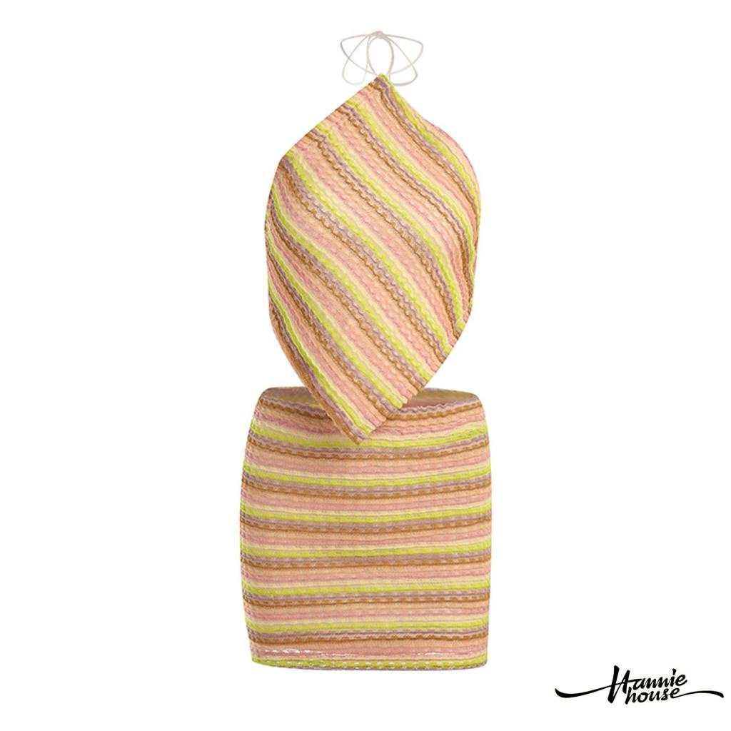 Hannie-2 Pieces Set Women Contrast Color Halter Neck Sleeveless Tie-Up Tops+ Short Skirt for Summer