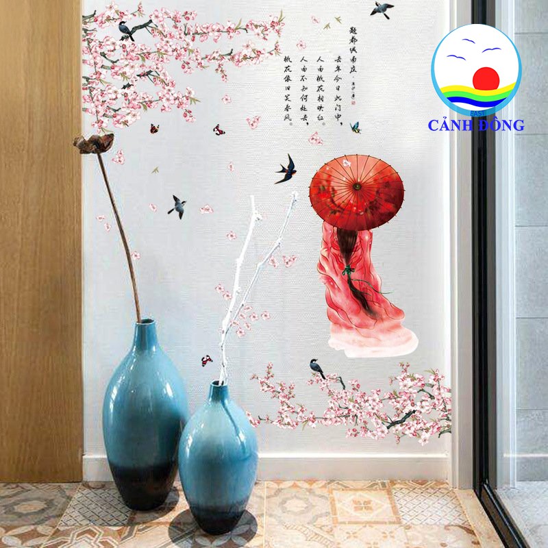 Decal dán tường hoa đào cô gái cổ trang