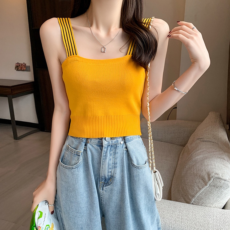  Áo dệt kim hai dây không tay màu trơn kẻ sọc phong cách Hàn Quốc | BigBuy360 - bigbuy360.vn