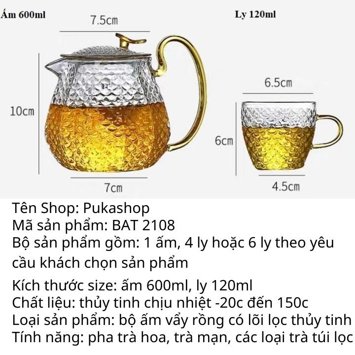Bộ Ấm Trà Thủy Tinh Cao Cấp Puka Ấm Vẩy Rồng Có Lõi Lọc 6 Ly Thủy Tinh Có Quai Dùng Pha Trà Hoa Trà Mạn BAT 2112