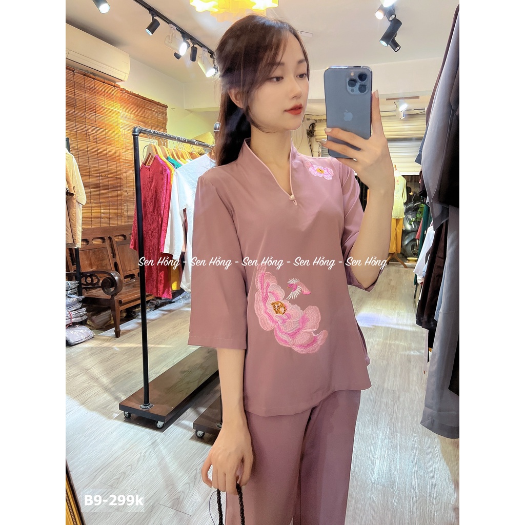 QUẦN ÁO ĐI CHÙA - set Phật tử cổ V thêu hoa thiết kế - đồ áo lam pháp phục nữ vải kate lụa mềm mịn mát B9