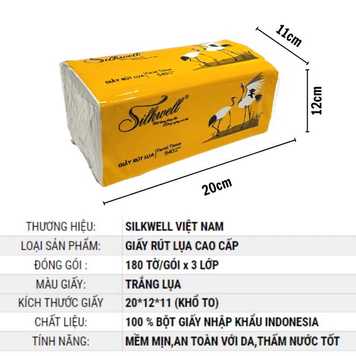 Giấy ăn Silkwell Sếu Cao cấp 200 tờ 3 lớp chính hãng, khăn giấy rút lụa siêu mềm mịn không tẩy trắng