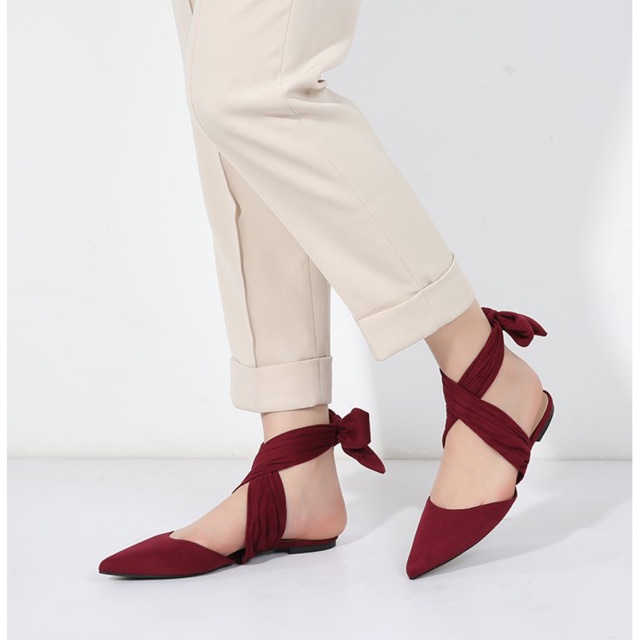 Giày búp bê gót buộc vải nơ 2 màu đỏ đô, kem | BigBuy360 - bigbuy360.vn