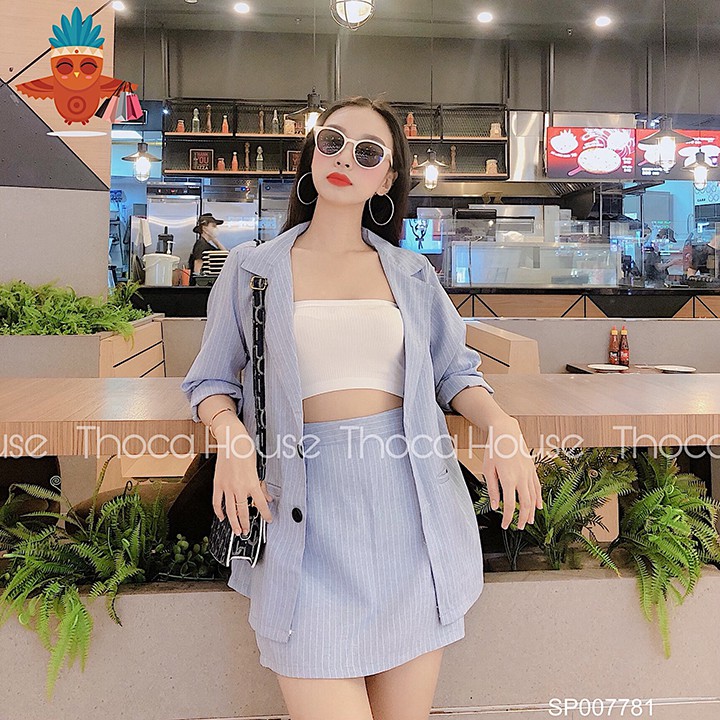 Set áo khoác vest sọc xanh biển phối chân váy lưng thun THOCA HOUSE 2 túi mổ đi làm, đi học freesize dưới 55kg | BigBuy360 - bigbuy360.vn