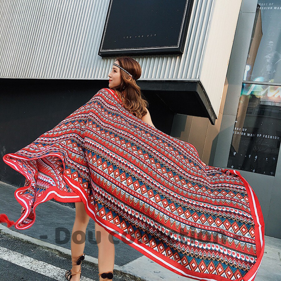 [NowShip2h] Khăn Choàng Quàng Cổ Boho Họa Tiết Hoa Totem Đen Du Lịch Biển - Chất Liệu Cotton - Size:90x180cm - Mã KC032