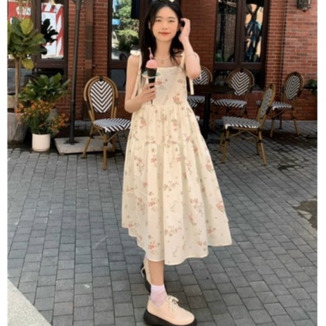 Váy suông 2 dây nơ maxi hoa nhí hồng ulzzang tiểu thư - Đầm nữ dài 3 tầng cổ vuông thắt nơ babydoll nữ