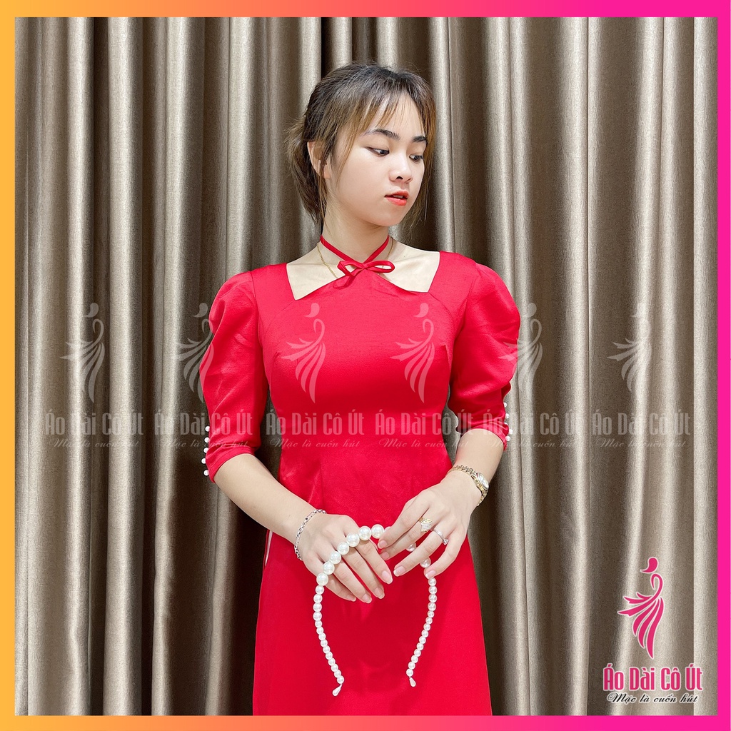 Áo Dài Nữ Cổ Yếm Lụa Tây Thi Tay Phồng Đính Ngọc Hàng May Sẵn