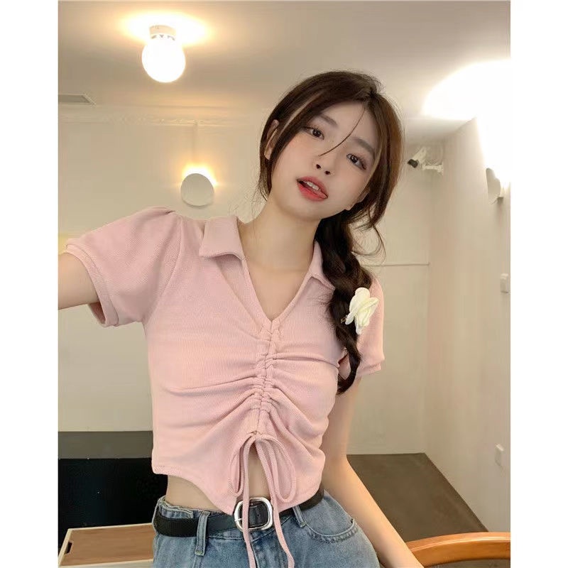 Áo polo Tay Ngắn Phồng Phối Ren Dây Rút Thời Trang Mùa Hè Cho Nữ