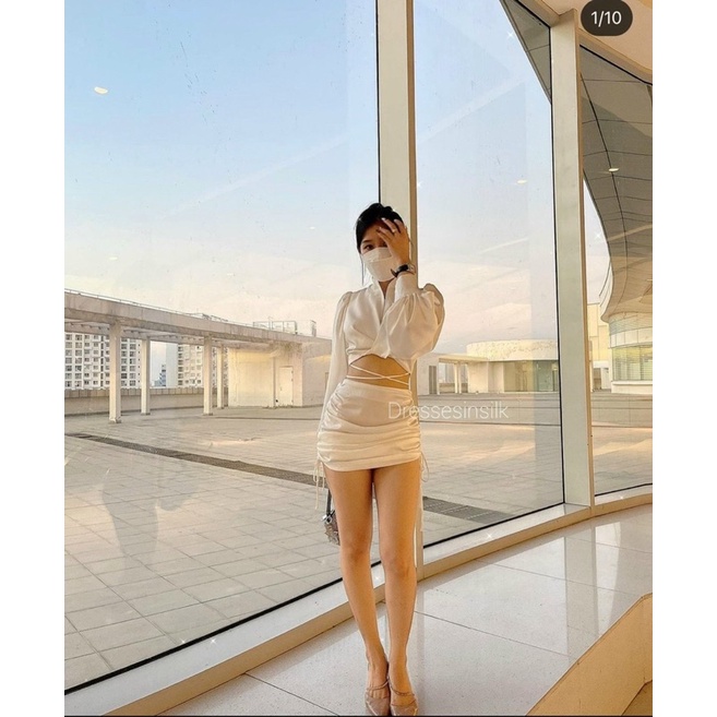 SET L CROP TRẮNG CỘT DÂY EO + CHÂN VÁY RÚT