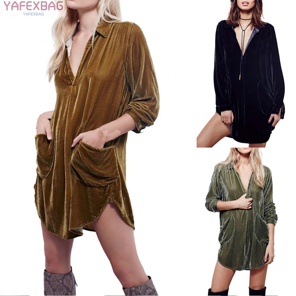 Womens Winter Velvet Long Sleeve Pocket Casual Mini Shirt Dress Blouse Tops