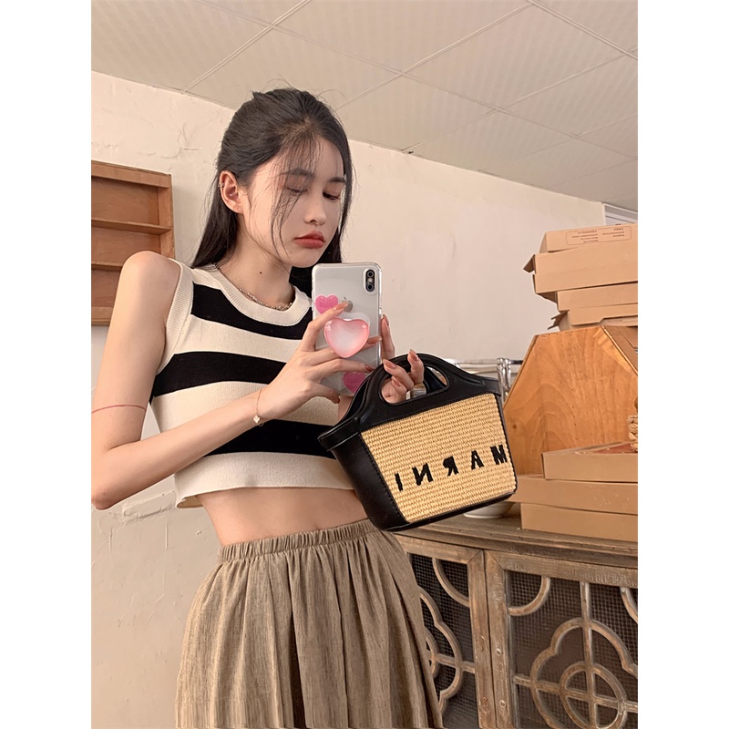 Áo Dệt Kim Sát Nách Dáng Ôm Cổ Tròn Kẻ Sọc Thời Trang Cho Nữ