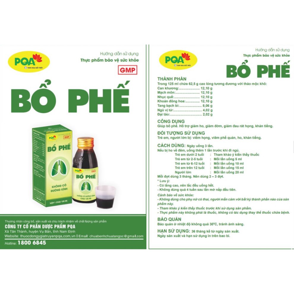 PQA Bổ Phế Dùng Cho Người Bị Ho, Viêm Họng, Viêm Phế Quản, Khản Tiếng, Đau Rát Họng