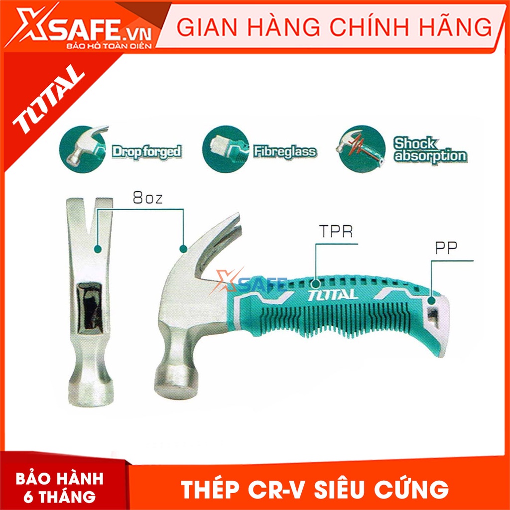 Búa đóng đinh mini TOTAL THTM7386D thép Cr-V Búa nhổ đinh cầm tay, đóng đinh bê tông, tường, gỗ, sửa chữa cơ khí - Xsafe