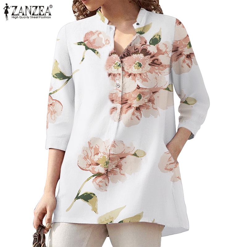 Áo sơ mi ZANZEA tay dài 3/4 dáng rộng cài khuy in hoa phong cách retro thời trang cho nữ