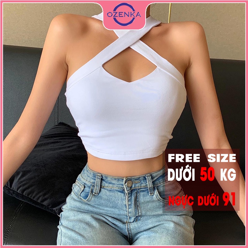 Áo 2 dây chéo croptop nữ OZENKA , áo sát nách nữ thun gân 100% cotton ôm body gợi cảm màu đen trắng freesize dưới 50 kg