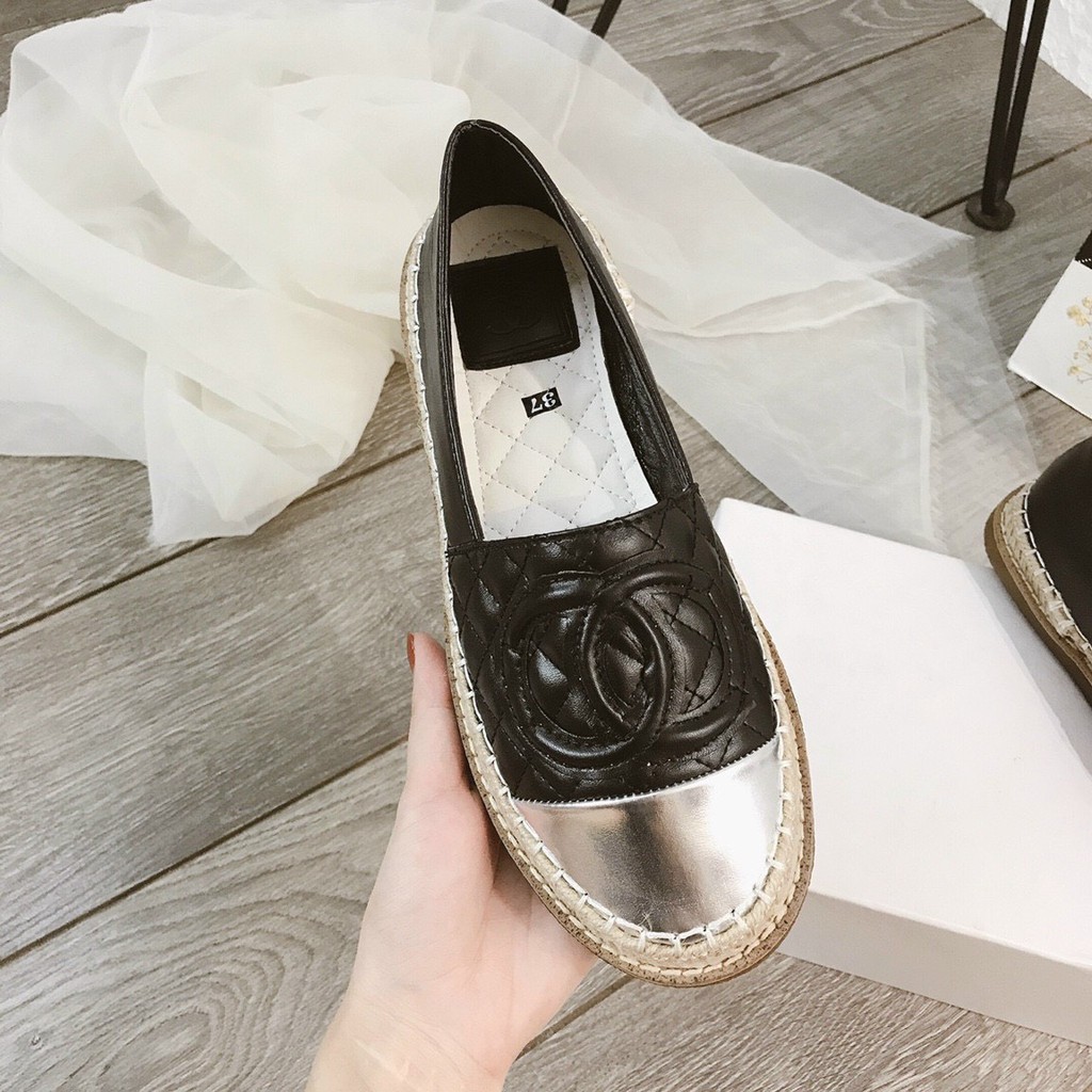 Giày slip on nữ da mềm mũi da bóng đế cói - Hàng đẹp