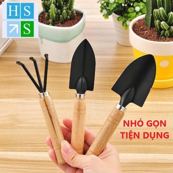 Bộ 03 Dụng cụ làm vườn mini cán gỗ (Xẻng + Bay + Cào đất) dùng đa năng trồng rau trồng hoa chăm cây cảnh tiện lợi