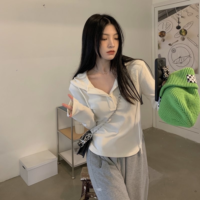 Áo hoodie ZHELIHANGFEI dài tay cổ chữ V eo cao thiết kế quyến rũ thời trang cho nữ