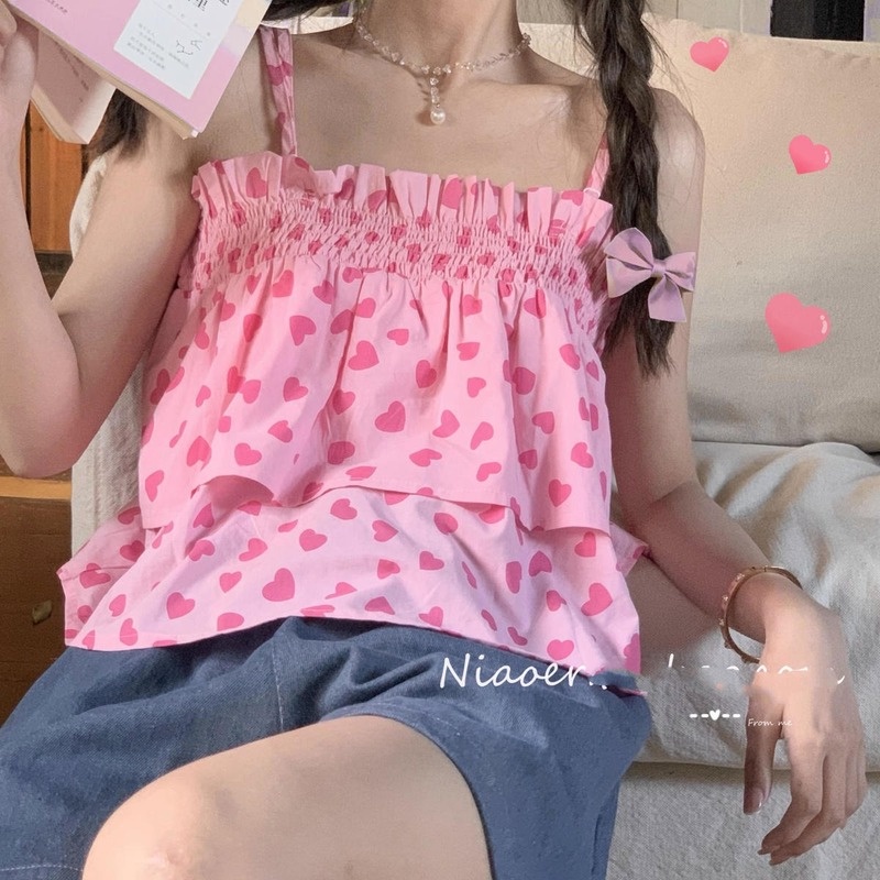 Áo hai dây xếp ly họa tiết trái tim màu hồng ngọt ngào thời trang mùa hè hàng mới cho nữ