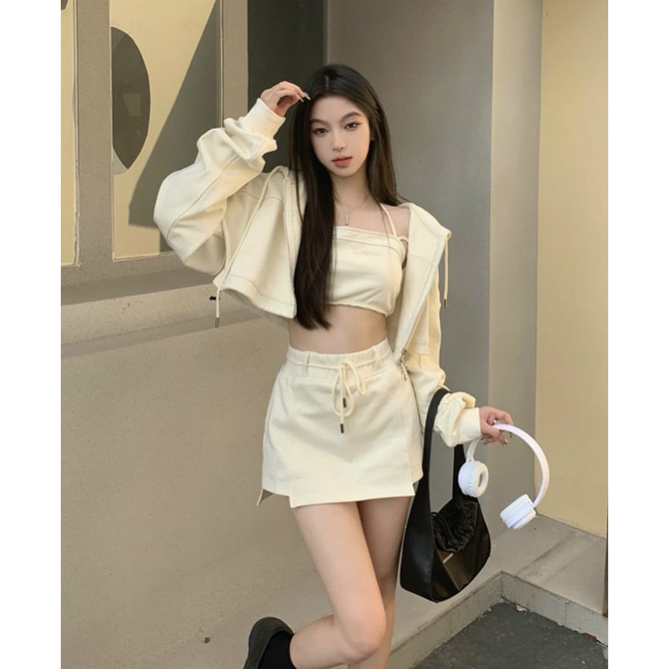 Set 3 món áo dây đeo cổ yếm croptop hở vai lưng eo bụng rốn sexy ôm khoác tay dài có nón mũ trùm đầu quần short ngắn cao