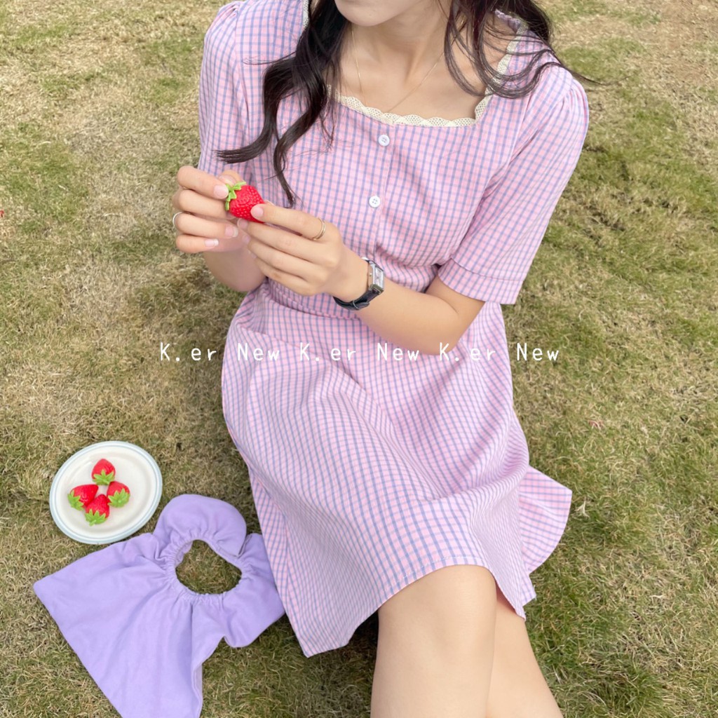 Váy thô cổ vuông viền ren kẻ caro dáng ngắn VKE 1026 Ulzzang style 🌸 Hàng Quảng Châu