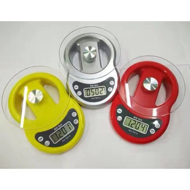 Cân điện tử b16, 7kg1g mặt kính có đồng hồ xem giờ