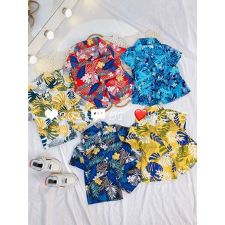pijama cọc tay hoa lá đi biển cho bé trai, bé gái từ 10 đến 22kg