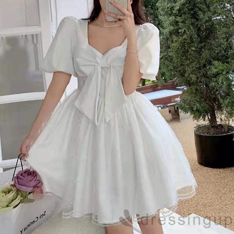 DRE-Ladies Casual Short Dress, Sweet Style Solid Color Square Collar Mesh Splicing Puff Short Sleeve Bow Dress