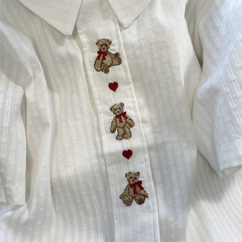 Áo Sơ Mi Ngắn Tay Cổ Búp Bê Họa Tiết Gấu Phong Cách Học Sinh Nhật Bản Dành Cho Nữ