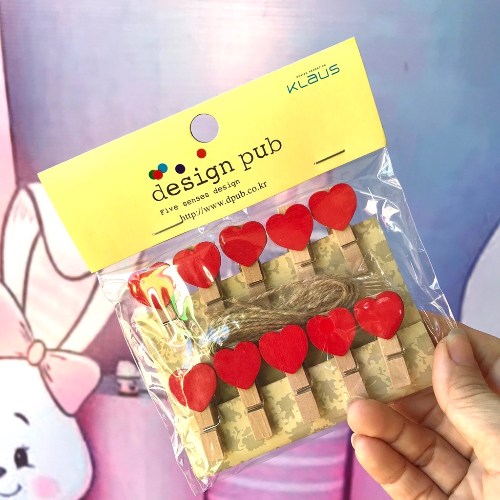 Sỉ set 10 kẹp gỗ nhiều hình dễ thương theo chủ đề (10 kẹp + dây)