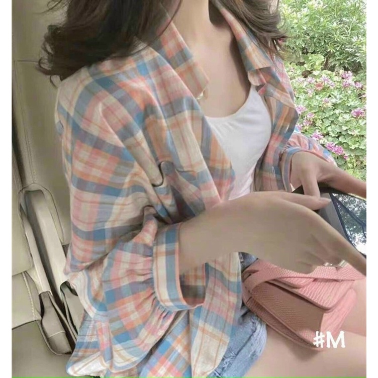 Áo sơmi nữ đũi thô kẻ sọc freesize dưới 53kg  2 màu xanh hồng alohashop91