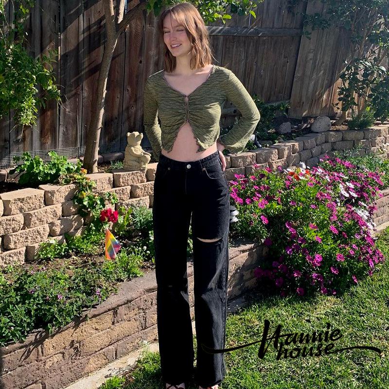 ❥Only➢Women´s Sexy V-neck Long Sleeve Central Clasp Lettuce Trim Open Front Blouse