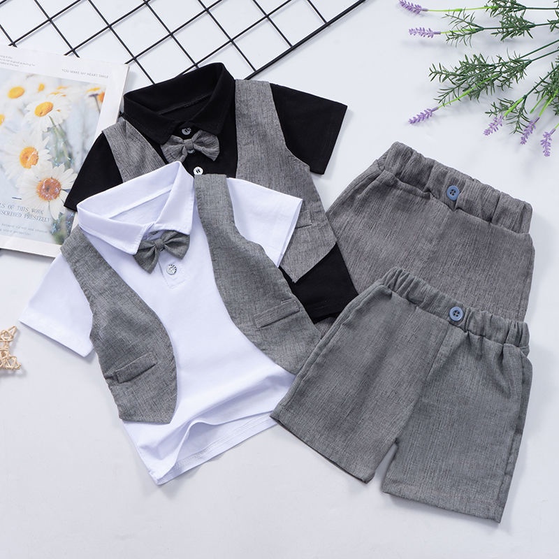 Bộ Áo Sơ Mi Cotton Tay Ngắn Giả Hai Lớp + Quần Đùi Phong Cách Hàn Quốc Thời Trang Mùa Hè Cho Bé Trai