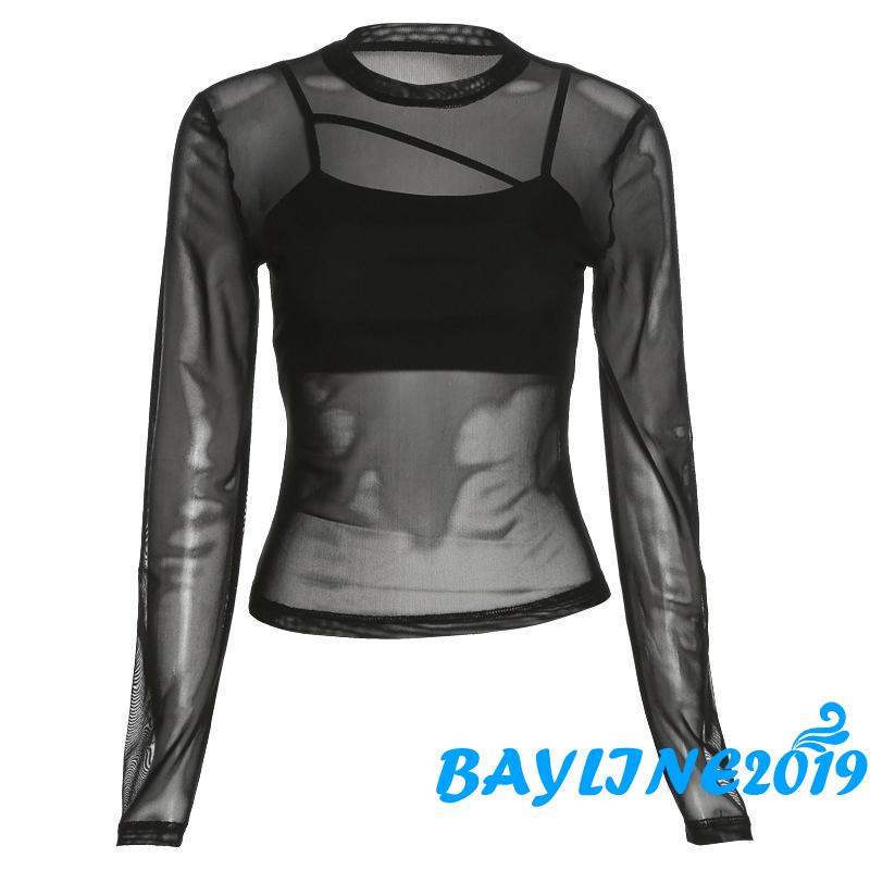 BAY-Women´s Tops Set Adjustable Camisole Vest + Long Sleeve Crew Neck See-Through Mesh T-Shirt Streetwear Two-Piece