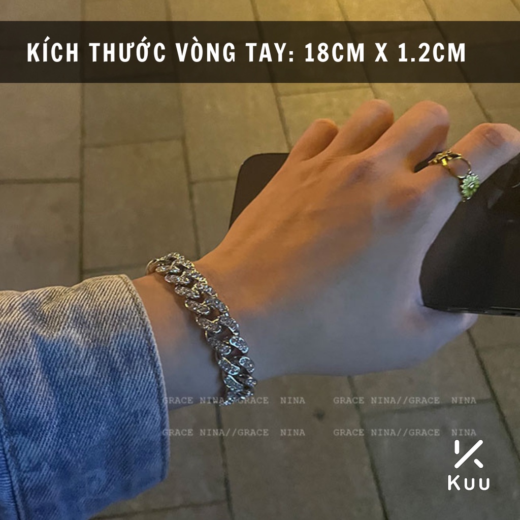 Vòng tay nam nữ đính đá thời trang  unisex màu bạc Kuu Clothes Titan không gỉ - Cuban đá