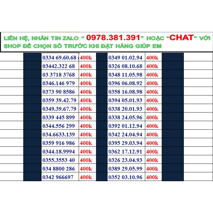 Sim số đẹp viettel đầu 09, 08, 03 đồng giá 400k